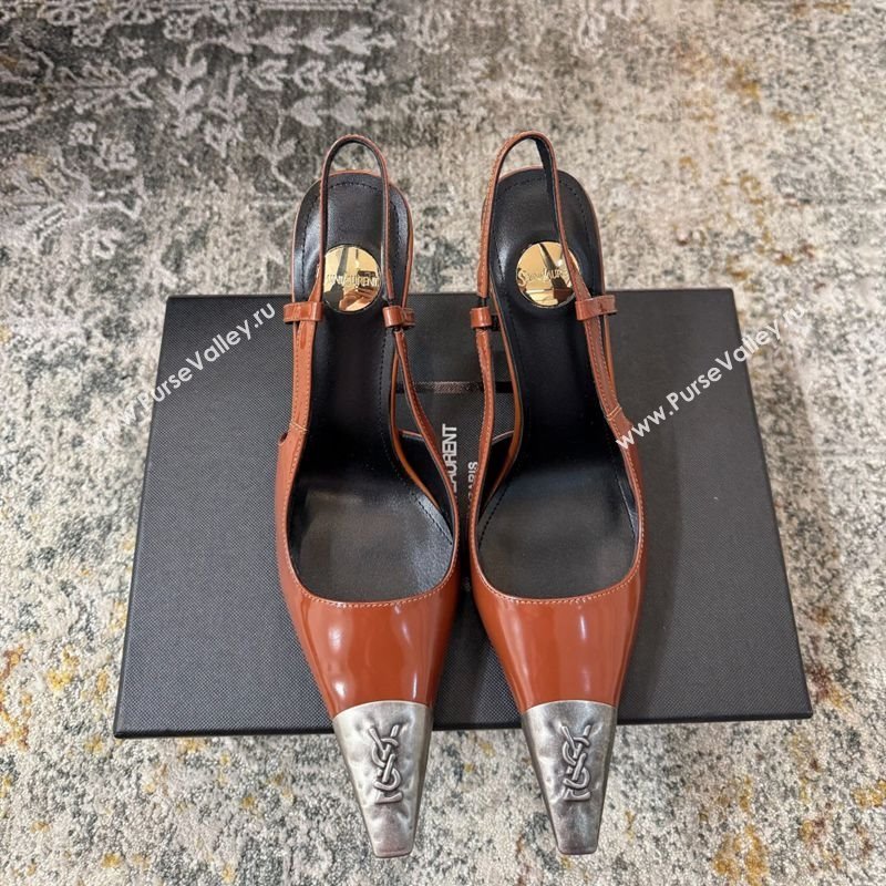 Saint Laurent Slingback Pumps 10.5cm in Shiny Leather Brown/Silver 2025 1028 (MD-251028103)