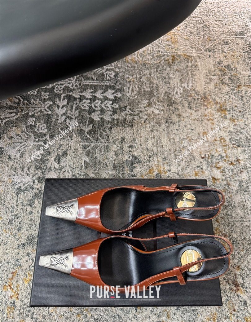 Saint Laurent Slingback Pumps 10.5cm in Shiny Leather Brown/Silver 2025 1028 (MD-251028103)