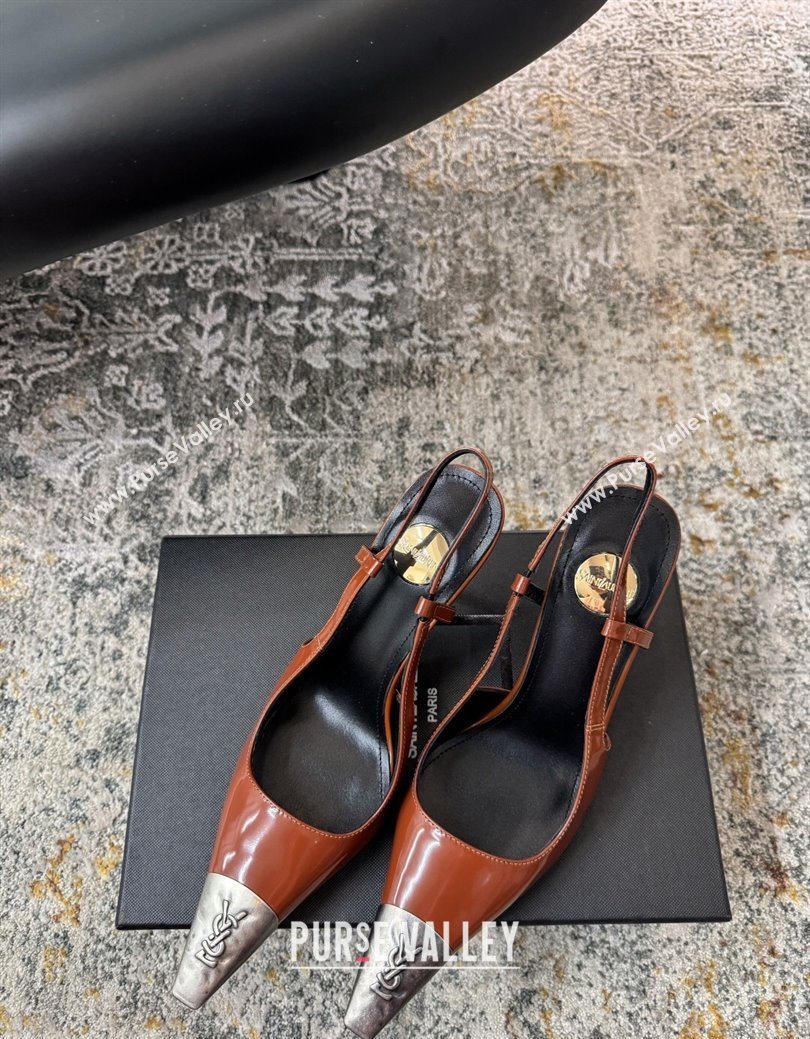 Saint Laurent Slingback Pumps 10.5cm in Shiny Leather Brown/Silver 2025 1028 (MD-251028103)
