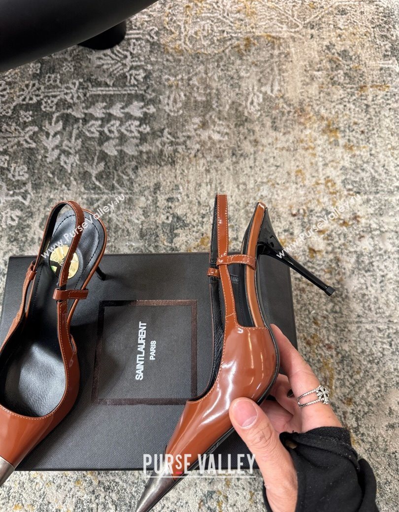 Saint Laurent Slingback Pumps 10.5cm in Shiny Leather Brown/Silver 2025 1028 (MD-251028103)