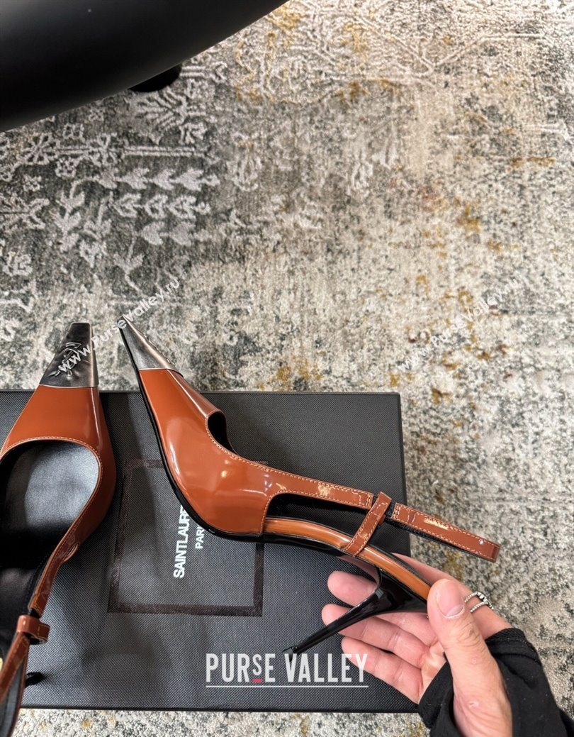 Saint Laurent Slingback Pumps 10.5cm in Shiny Leather Brown/Silver 2025 1028 (MD-251028103)
