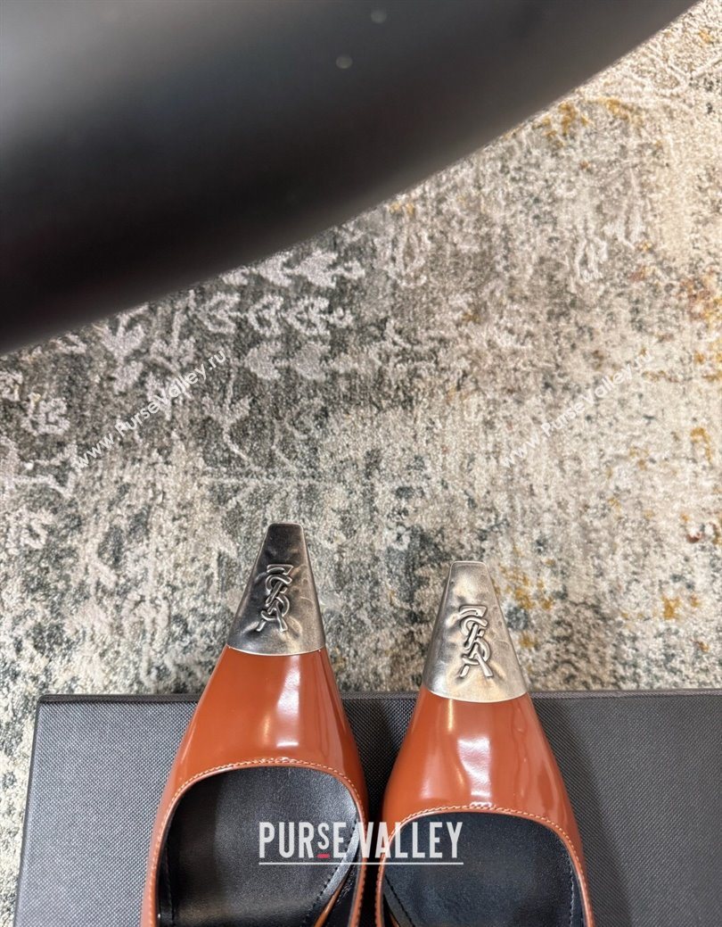 Saint Laurent Slingback Pumps 10.5cm in Shiny Leather Brown/Silver 2025 1028 (MD-251028103)