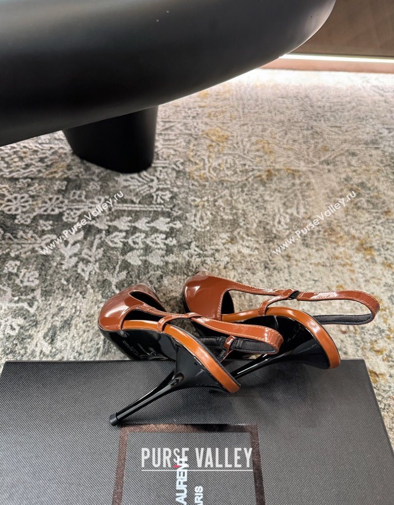 Saint Laurent Slingback Pumps 10.5cm in Shiny Leather Brown/Silver 2025 1028 (MD-251028103)