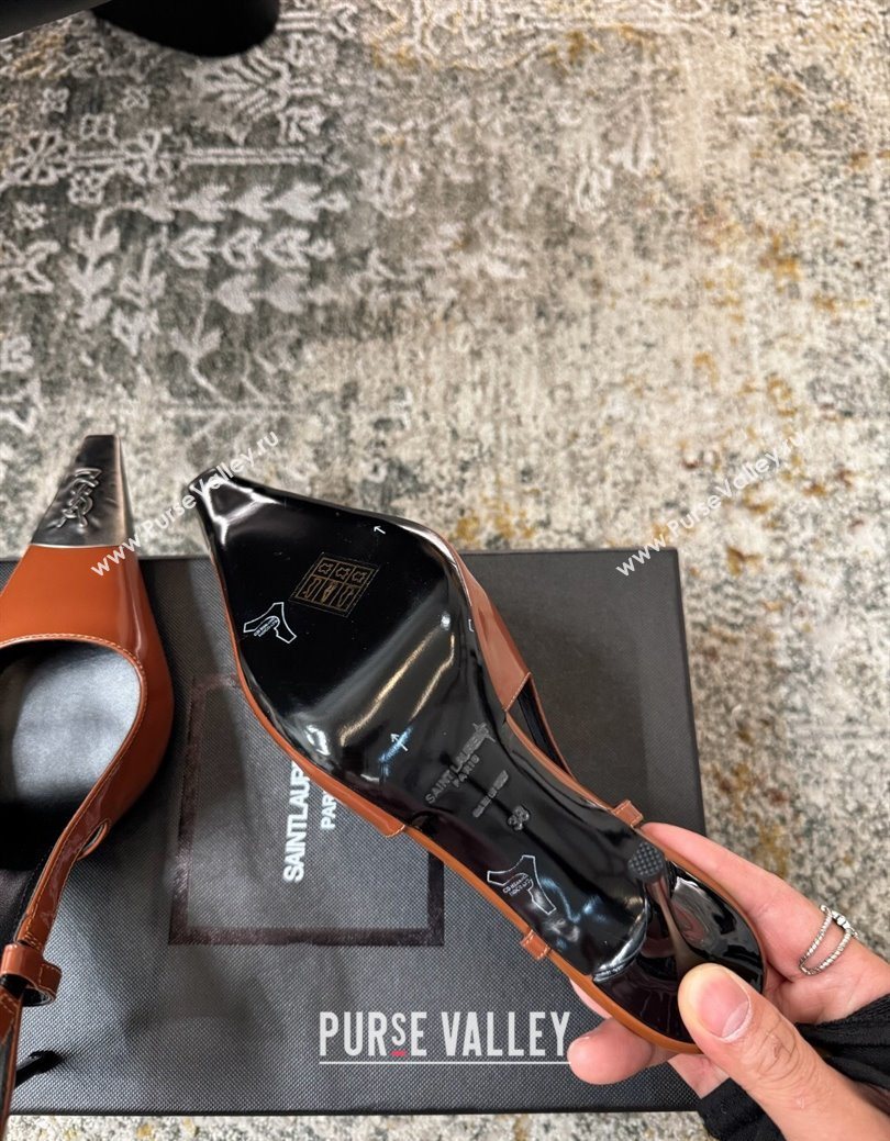 Saint Laurent Slingback Pumps 10.5cm in Shiny Leather Brown/Silver 2025 1028 (MD-251028103)