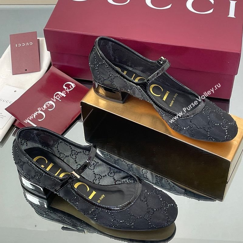 Gucci Allover GG Strass Mesh Mary Janes Pumps 2.5cm Black 2025 836809 (MD-250828001)