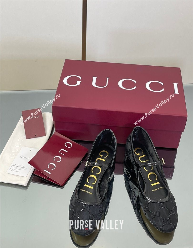Gucci Allover GG Strass Mesh Mary Janes Pumps 2.5cm Black 2025 836809 (MD-250828001)