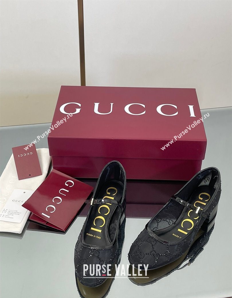 Gucci Allover GG Strass Mesh Mary Janes Pumps 2.5cm Black 2025 836809 (MD-250828001)