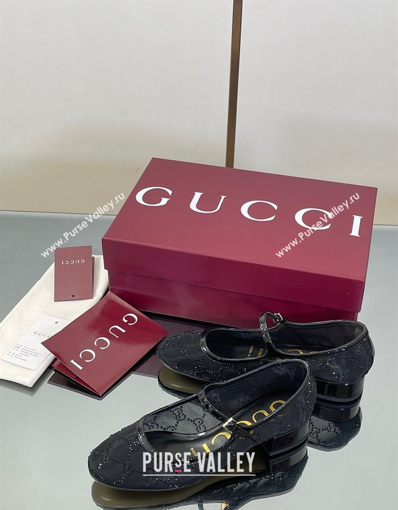 Gucci Allover GG Strass Mesh Mary Janes Pumps 2.5cm Black 2025 836809 (MD-250828001)