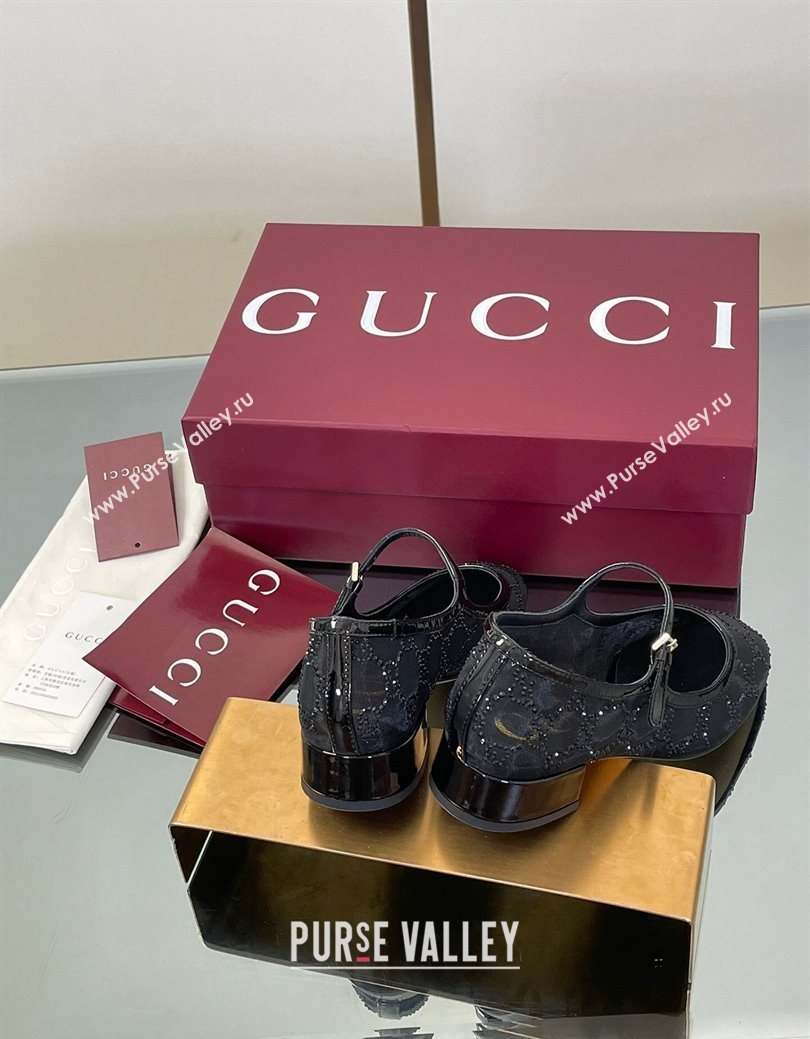 Gucci Allover GG Strass Mesh Mary Janes Pumps 2.5cm Black 2025 836809 (MD-250828001)