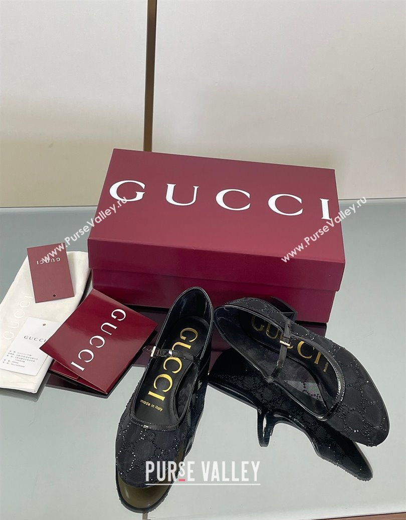 Gucci Allover GG Strass Mesh Mary Janes Pumps 2.5cm Black 2025 836809 (MD-250828001)