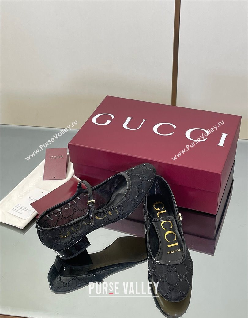 Gucci Allover GG Strass Mesh Mary Janes Pumps 2.5cm Black 2025 836809 (MD-250828001)