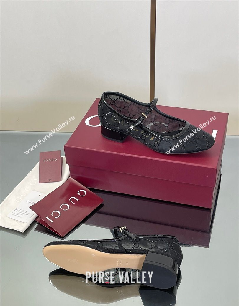 Gucci Allover GG Strass Mesh Mary Janes Pumps 2.5cm Black 2025 836809 (MD-250828001)