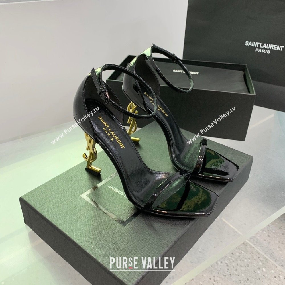 Saint Laurent Opyum Sandals in Patent Calfskin Black/Gold 2023 (KE-23110634)