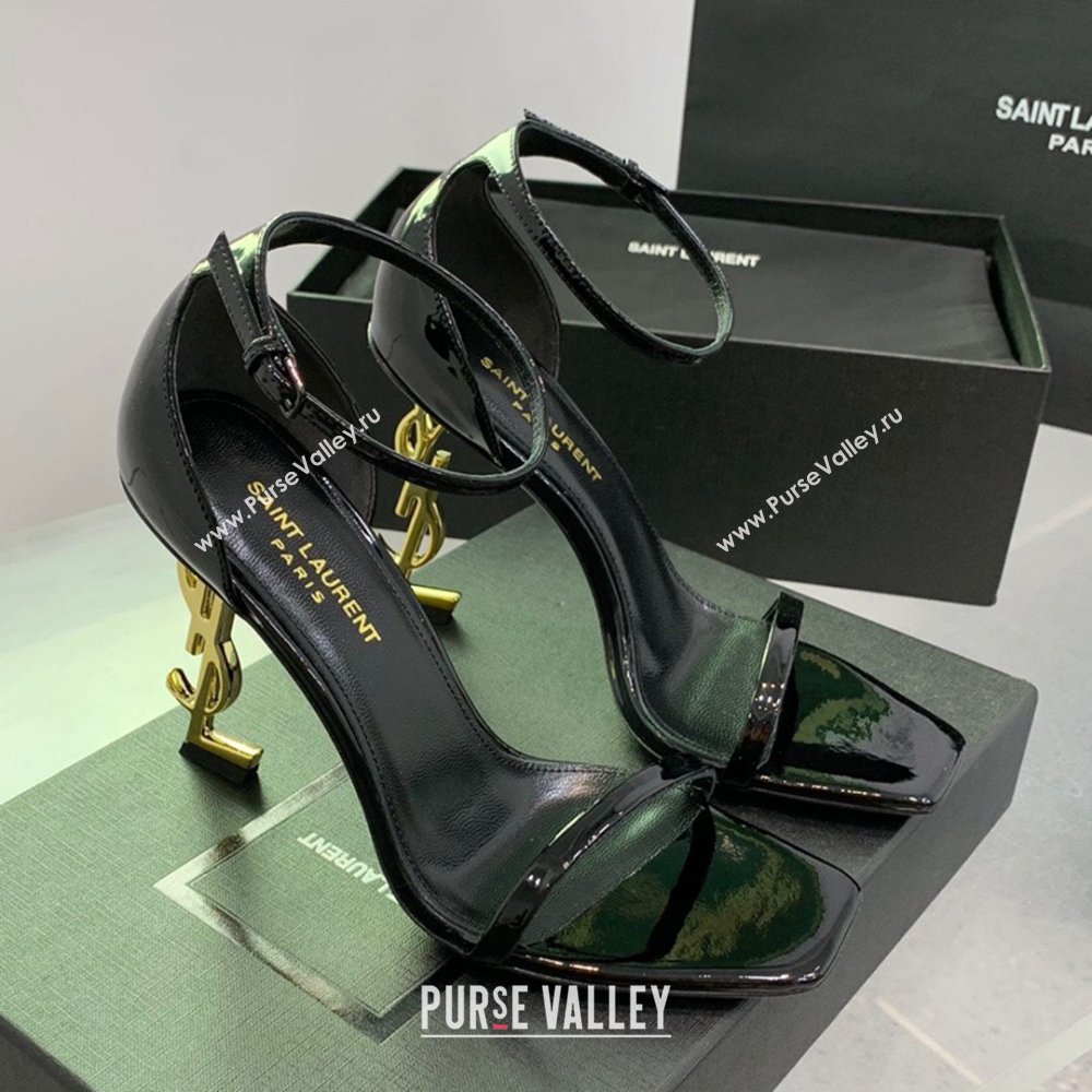 Saint Laurent Opyum Sandals in Patent Calfskin Black/Gold 2023 (KE-23110634)