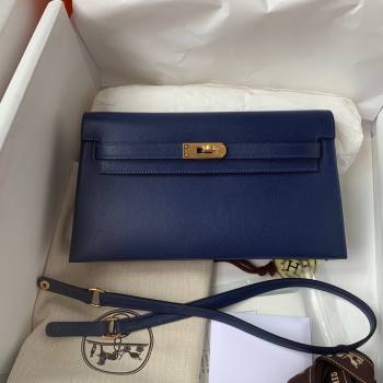 Hermes Kelly Elan Bag in Madame Leather Blue/Gold 2024(Half Handmade) (JIMMY-24022207)