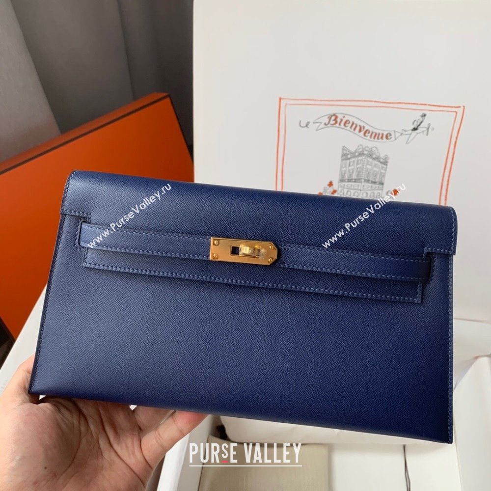 Hermes Kelly Elan Bag in Madame Leather Blue/Gold 2024(Half Handmade) (JIMMY-24022207)