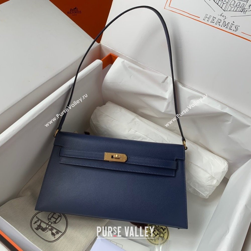 Hermes Kelly Elan Bag in Madame Leather Blue/Gold 2024(Half Handmade) (JIMMY-24022207)