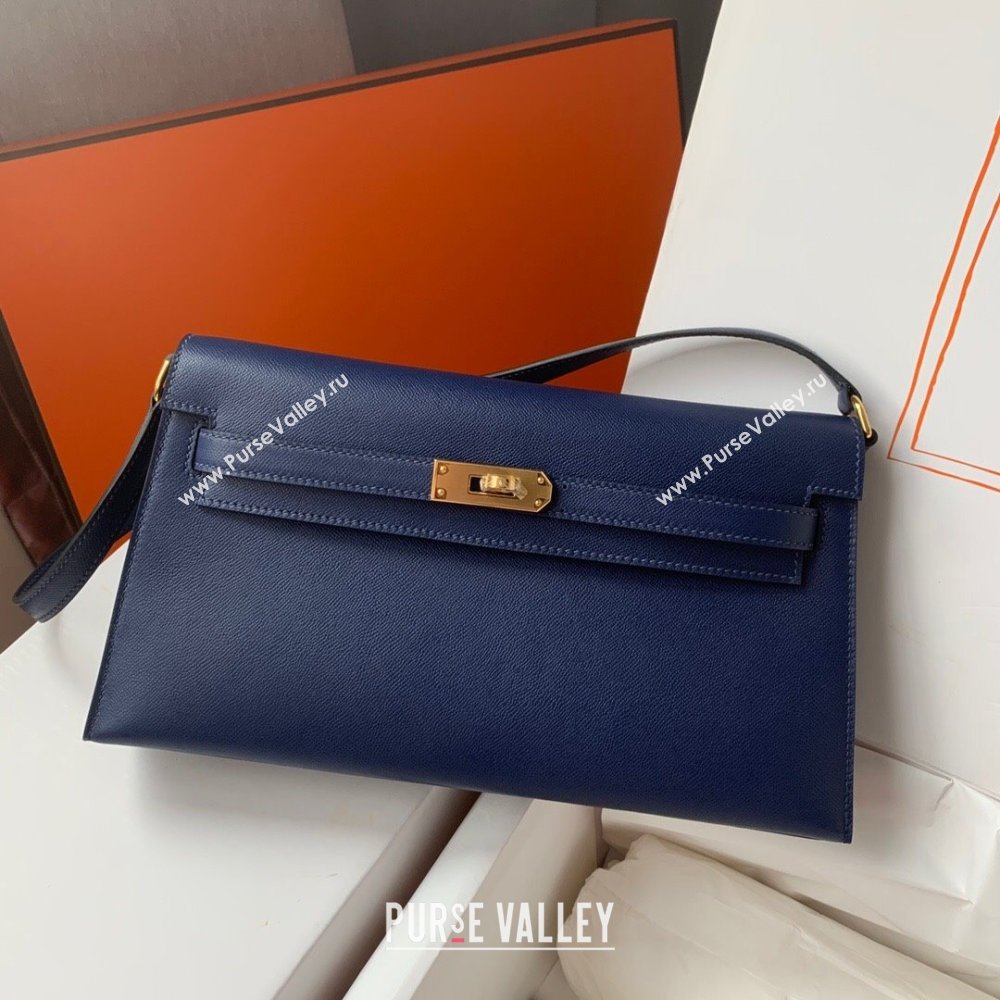 Hermes Kelly Elan Bag in Madame Leather Blue/Gold 2024(Half Handmade) (JIMMY-24022207)