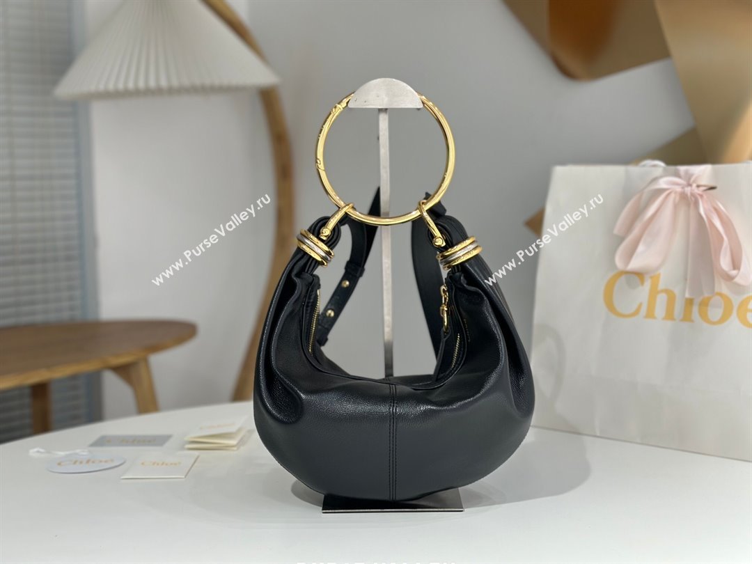 Chloe Small Bracelet Hobo bag in Shiny Grained Calfskin 765-7 Black 2024 (DL-24090507)