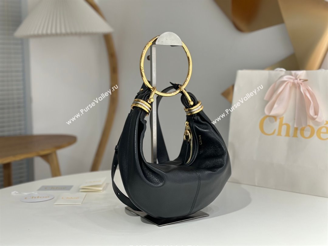 Chloe Small Bracelet Hobo bag in Shiny Grained Calfskin 765-7 Black 2024 (DL-24090507)