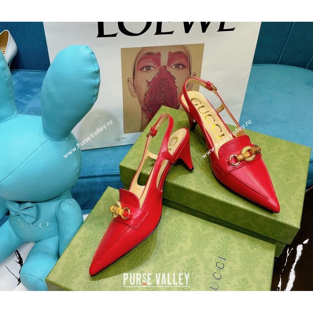 Gucci Lambskin Slingback Pump with Bamboo Horsebit Red 2021 (MD-21081041)