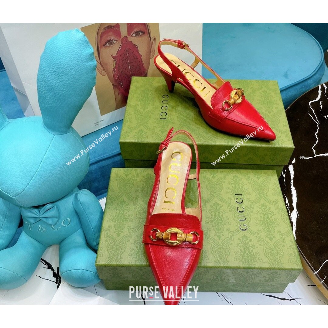 Gucci Lambskin Slingback Pump with Bamboo Horsebit Red 2021 (MD-21081041)