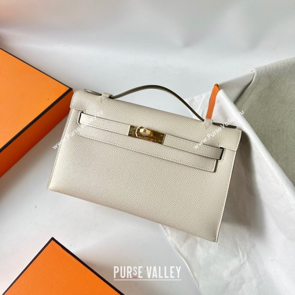 Hermes Mini Kelly Pochette Bag 22cm in Epsom Leather CK10 Milk Shake White/Gold 2024 (Full Handmade) (XY-24102506)