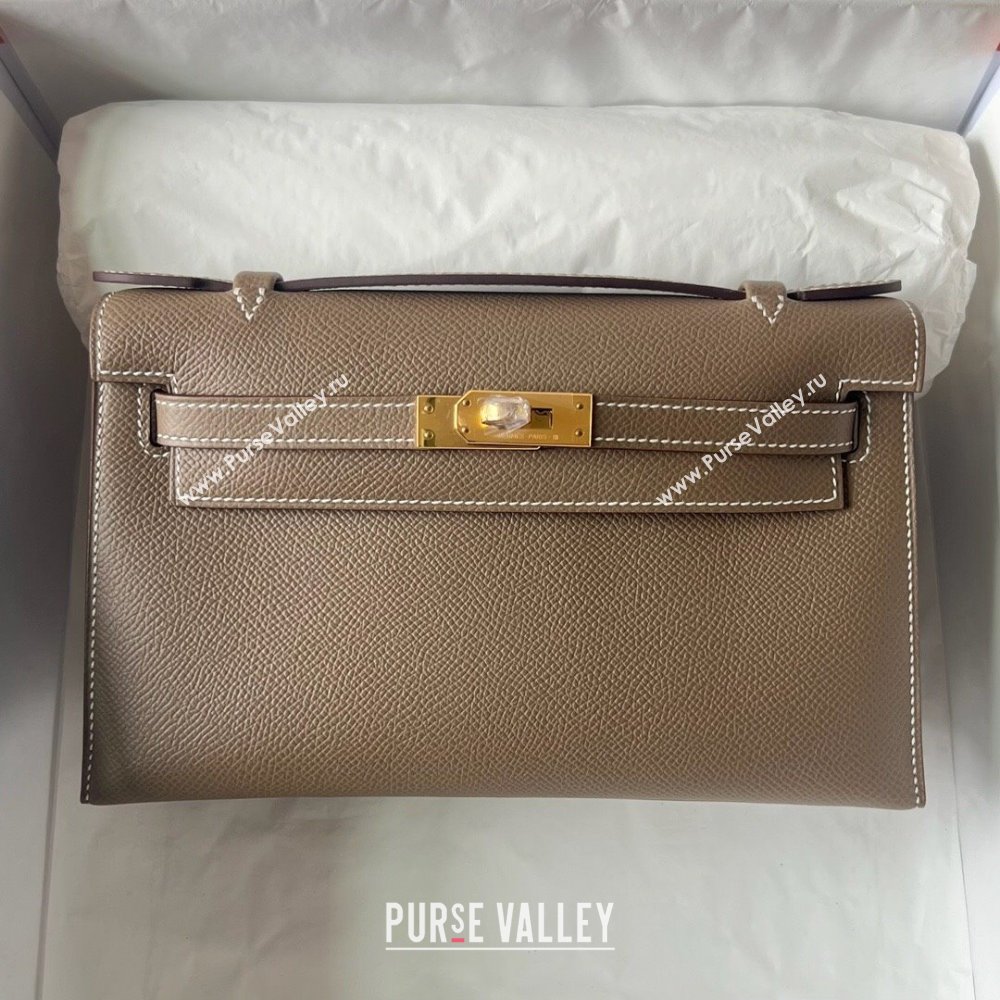 Hermes Mini Kelly Pochette Bag 22cm in Epsom Leather CK18 Etoupe/Gold 2024 (Full Handmade) (XX-24102507)