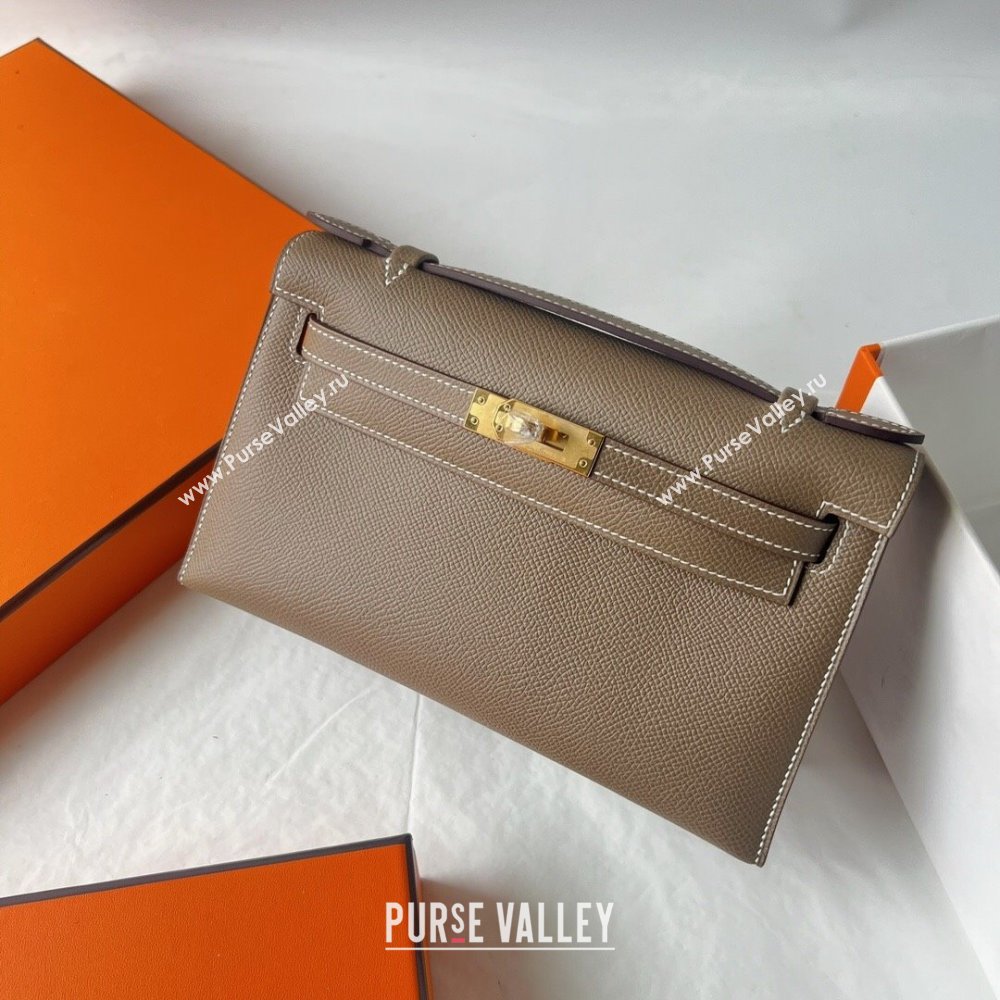 Hermes Mini Kelly Pochette Bag 22cm in Epsom Leather CK18 Etoupe/Gold 2024 (Full Handmade) (XX-24102507)