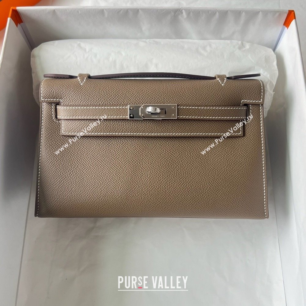 Hermes Mini Kelly Pochette Bag 22cm in Epsom Leather CK18 Etoupe/Silver 2024 (Full Handmade) (XX-24102509)