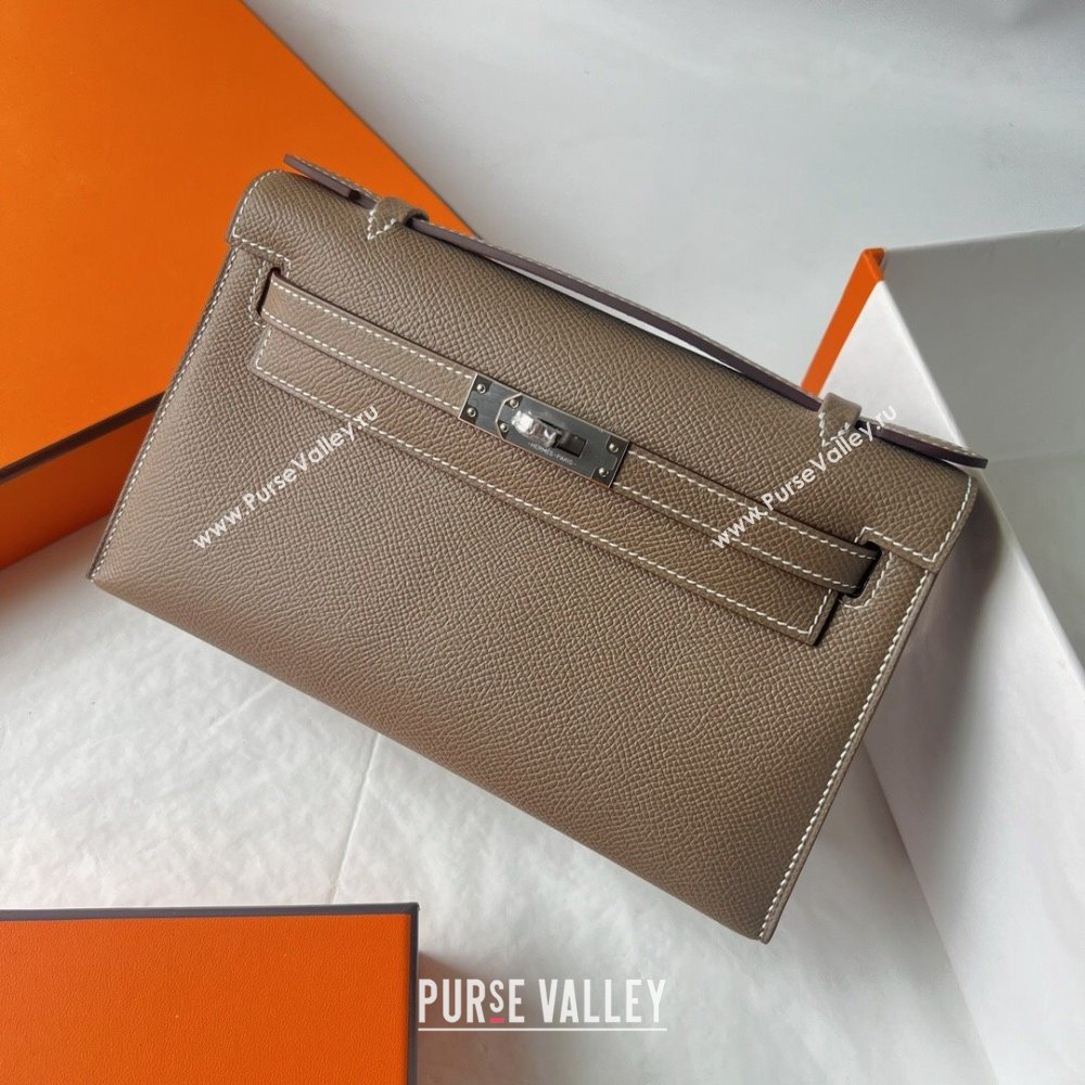 Hermes Mini Kelly Pochette Bag 22cm in Epsom Leather CK18 Etoupe/Silver 2024 (Full Handmade) (XX-24102509)