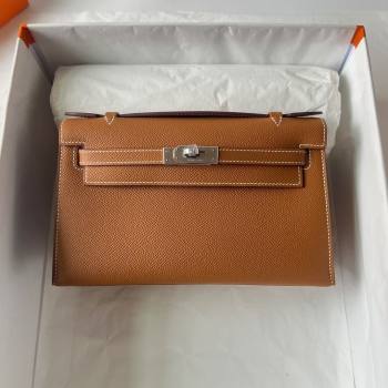 Hermes Mini Kelly Pochette Bag 22cm in Epsom Leather Brown/Silver 2024 (Full Handmade) (XX-24102508)