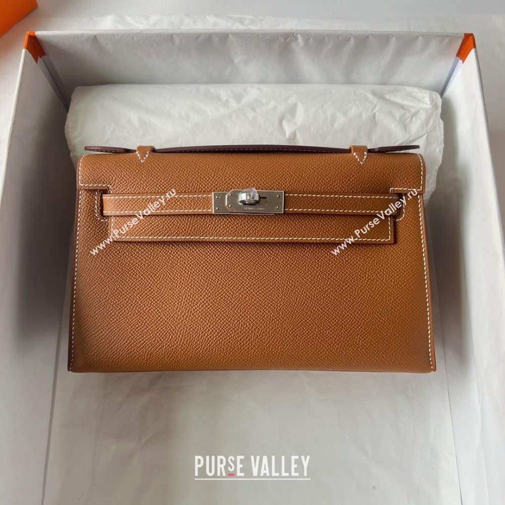 Hermes Mini Kelly Pochette Bag 22cm in Epsom Leather Brown/Silver 2024 (Full Handmade) (XX-24102508)