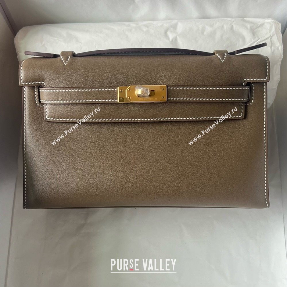 Hermes Mini Kelly Pochette Bag 22cm in Swift Leather CK18 Etoupe/Gold 2024 (Full Handmade) (XX-24102511)