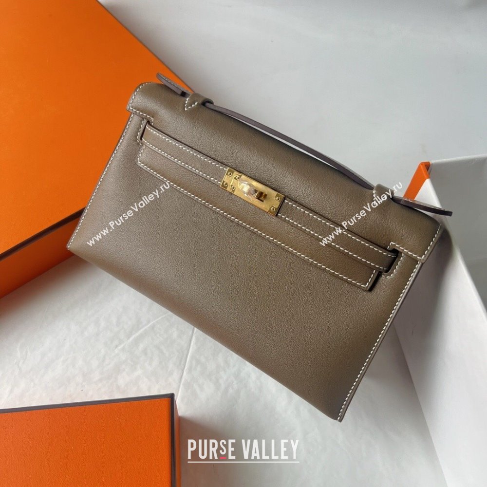 Hermes Mini Kelly Pochette Bag 22cm in Swift Leather CK18 Etoupe/Gold 2024 (Full Handmade) (XX-24102511)