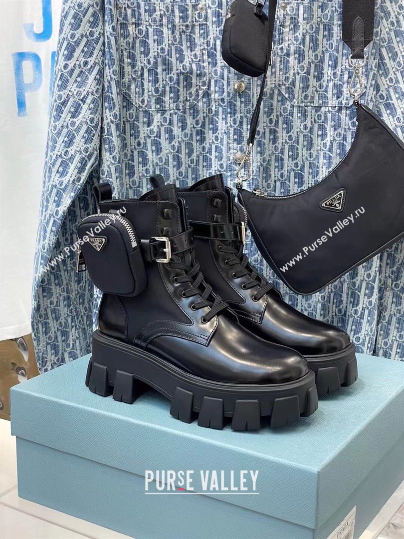 Prada Monolith Brushed Rois Leather and Nylon Boots Black 2021 (KL-211019051)