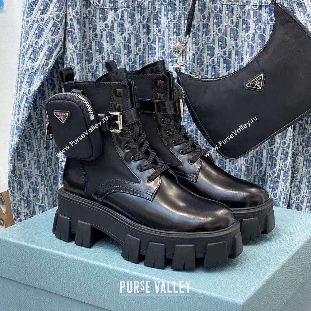 Prada Monolith Brushed Rois Leather and Nylon Boots Black 2021 (KL-211019051)