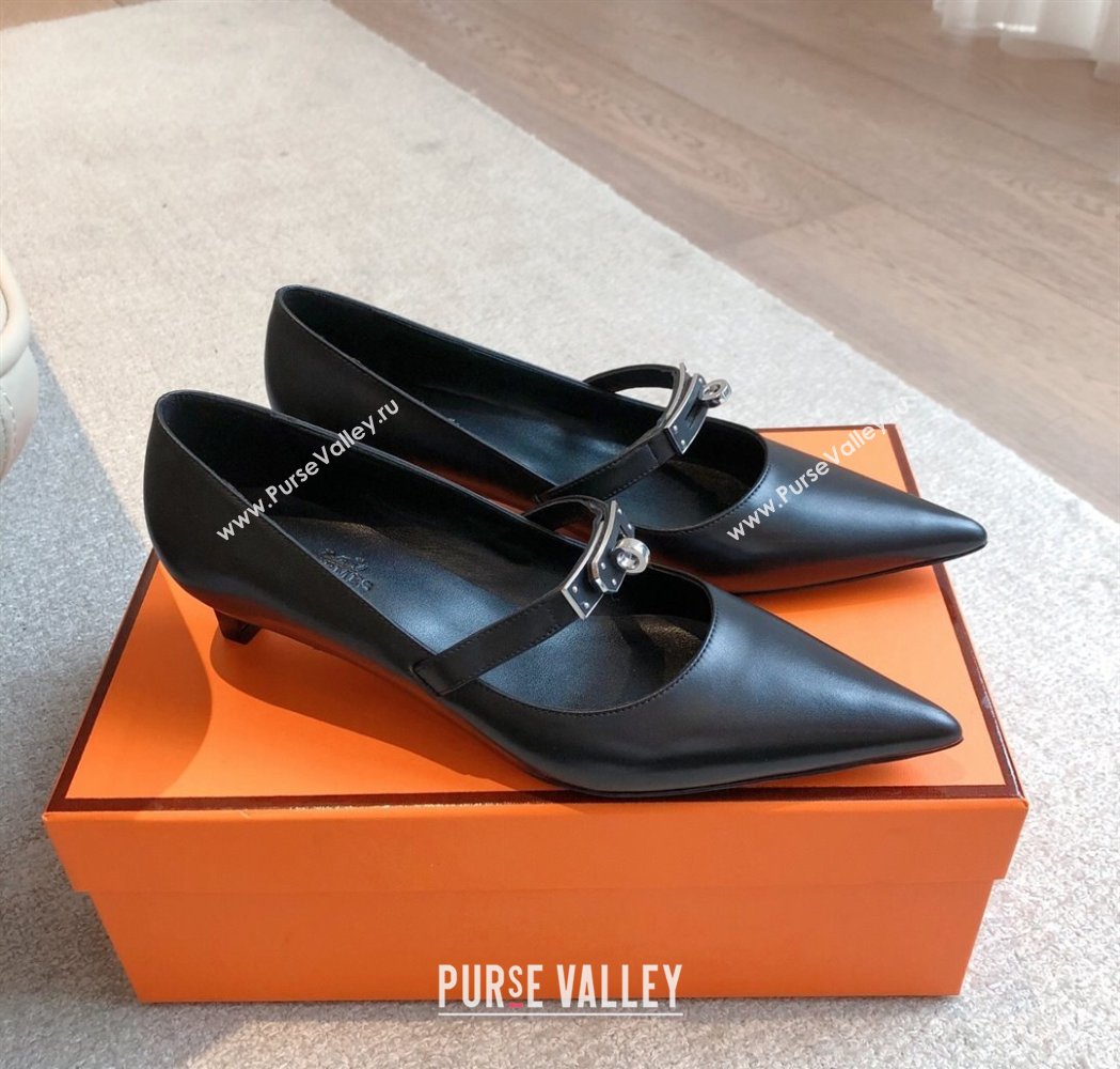 Hermes Kiara Mary Janes Pumps 4cm in Calfskin with Kelly buckle Black/Gunmetal 2025 (XC-250226059)