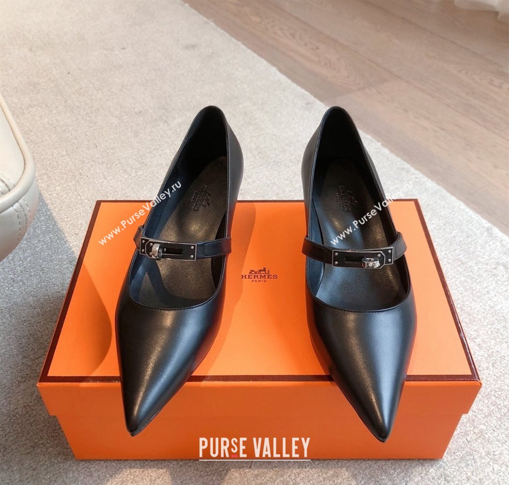 Hermes Kiara Mary Janes Pumps 4cm in Calfskin with Kelly buckle Black/Gunmetal 2025 (XC-250226059)