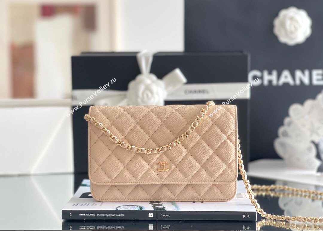 Chanel Grained Calfskin Classic Wallet on Chain WOC Beige/Gold 2024 Top Quality (MHE-24071610)