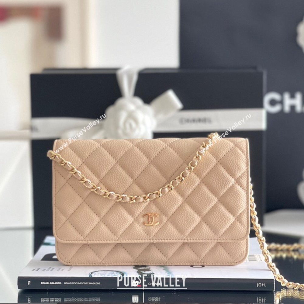 Chanel Grained Calfskin Classic Wallet on Chain WOC Beige/Gold 2024 Top Quality (MHE-24071610)