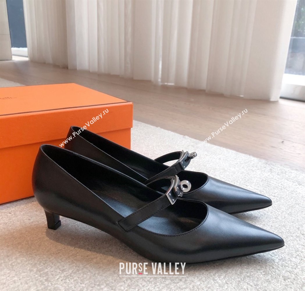 Hermes Kiara Mary Janes Pumps 4cm in Calfskin with Kelly buckle Black/Gunmetal 2025 (XC-250226059)