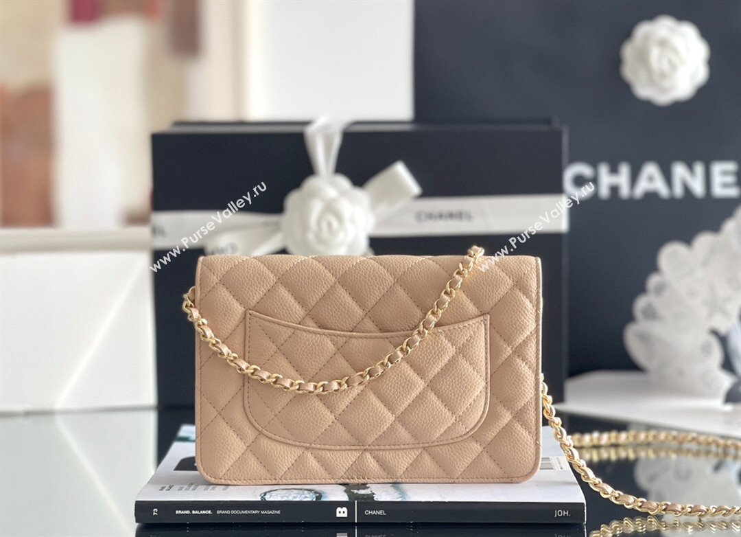 Chanel Grained Calfskin Classic Wallet on Chain WOC Beige/Gold 2024 Top Quality (MHE-24071610)