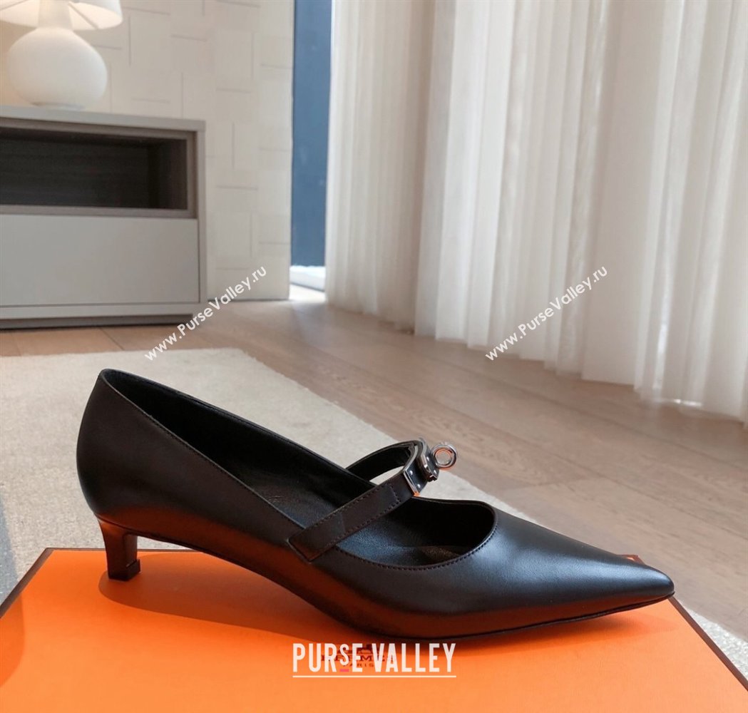 Hermes Kiara Mary Janes Pumps 4cm in Calfskin with Kelly buckle Black/Gunmetal 2025 (XC-250226059)