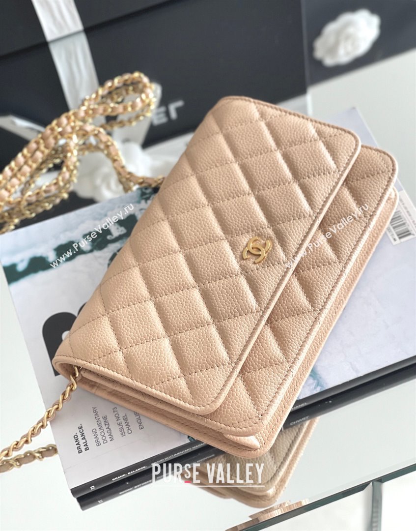 Chanel Grained Calfskin Classic Wallet on Chain WOC Beige/Gold 2024 Top Quality (MHE-24071610)