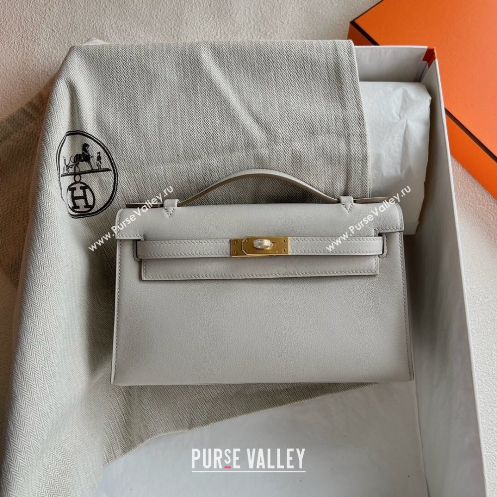 Hermes Mini Kelly Pochette Bag 22cm in Swift Leather CK80 Pearl Gray/Gold 2024 (Full Handmade) (XX-24102513)