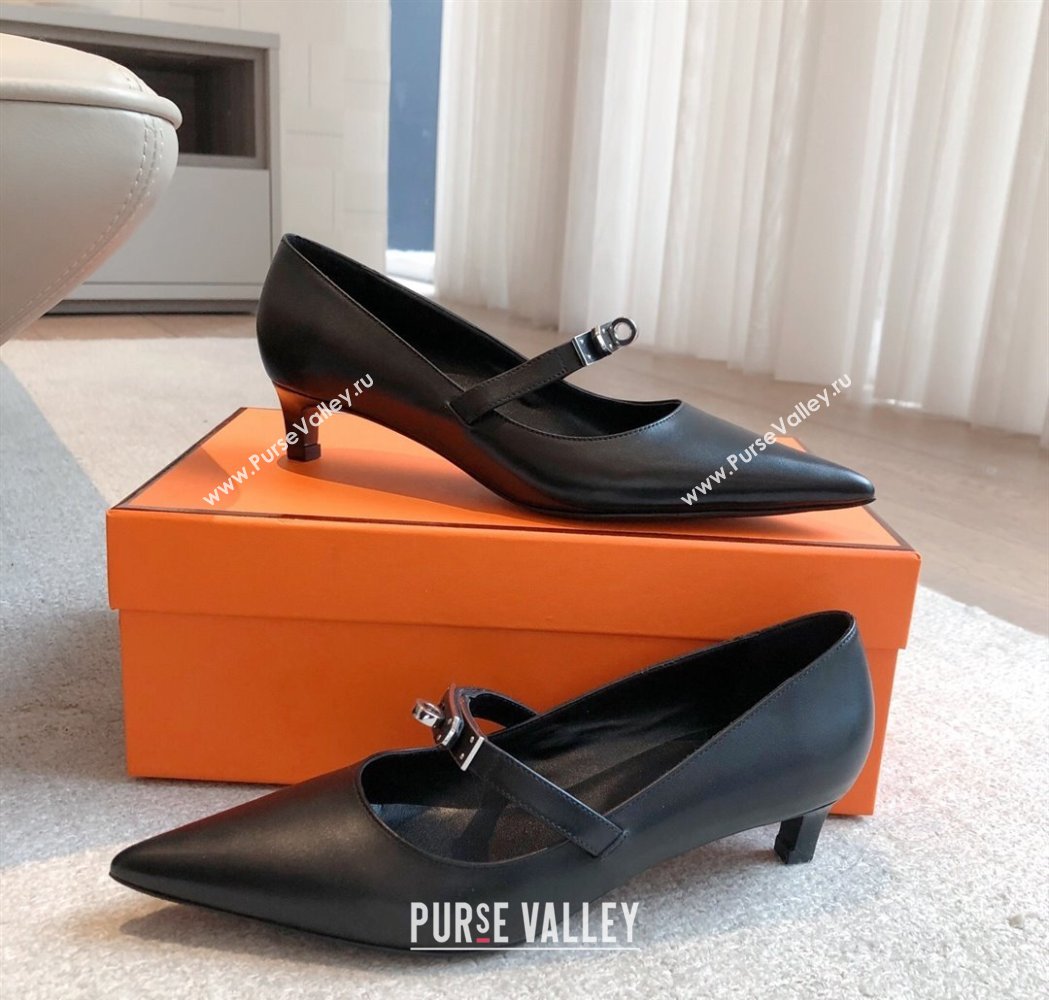 Hermes Kiara Mary Janes Pumps 4cm in Calfskin with Kelly buckle Black/Gunmetal 2025 (XC-250226059)