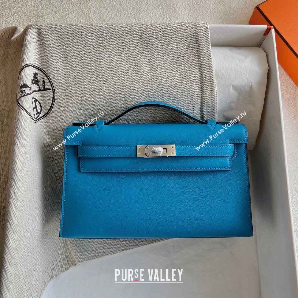 Hermes Mini Kelly Pochette Bag 22cm in Swift Leather OF Blue/Silver 2024 (Full Handmade) (XX-24102514 )