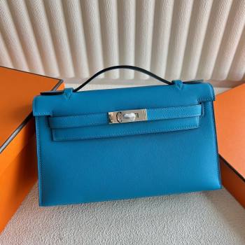 Hermes Mini Kelly Pochette Bag 22cm in Swift Leather OF Blue/Silver 2024 (Full Handmade) (XX-24102514 )