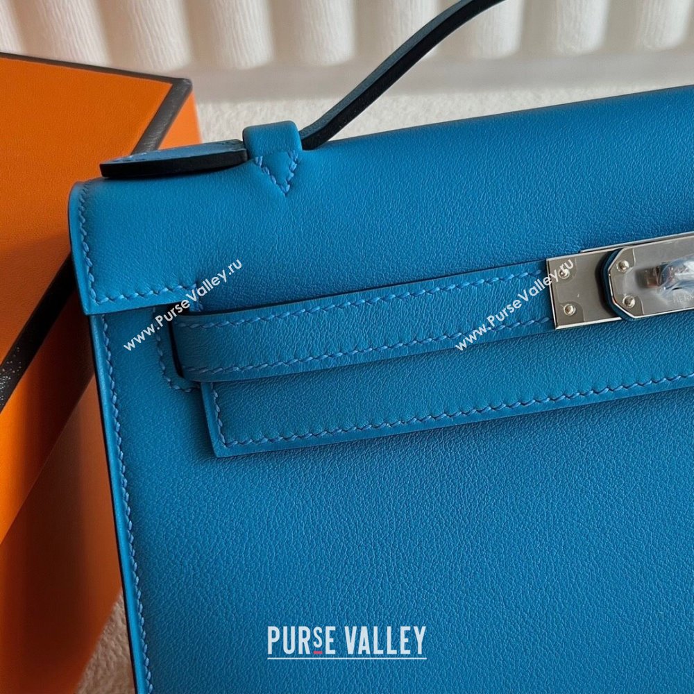 Hermes Mini Kelly Pochette Bag 22cm in Swift Leather OF Blue/Silver 2024 (Full Handmade) (XX-24102514 )